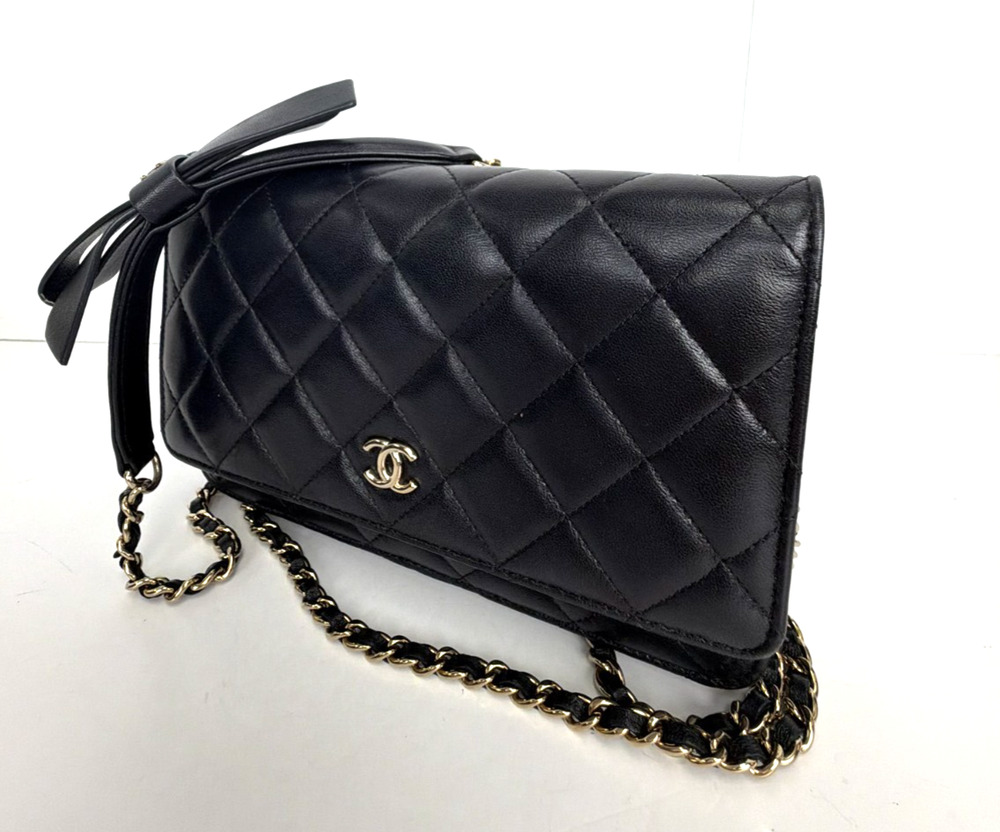 Chanel Lambskin Quilted Bow Wallet on Chain (WOC) in Black NFC F2